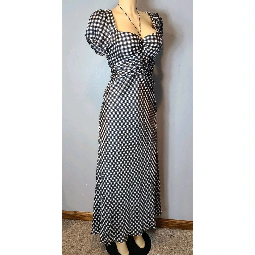 J crew collection tie neck maxi dress cap sleeve gingham black sz 12 Cottage NEW